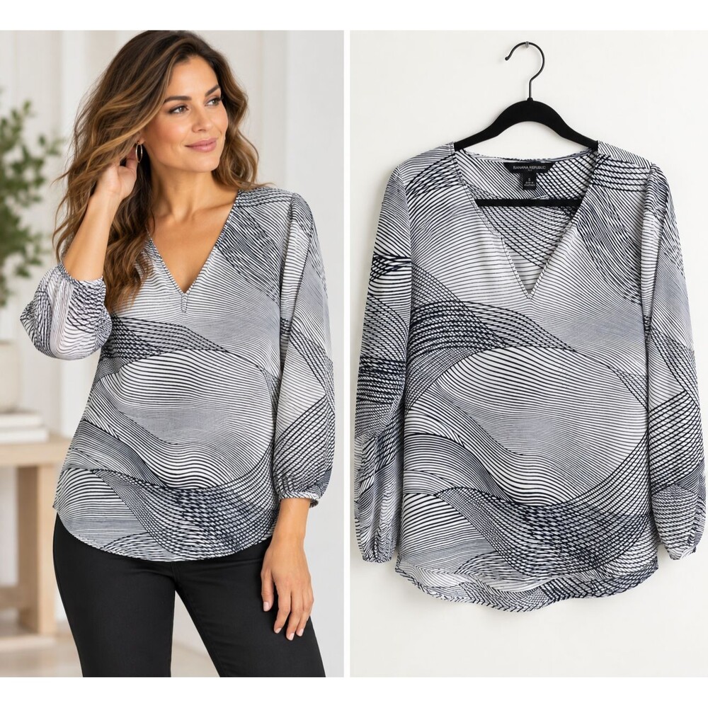 Banana Republic Blouse Top Size Small Black White Wave Print Semi Sheer